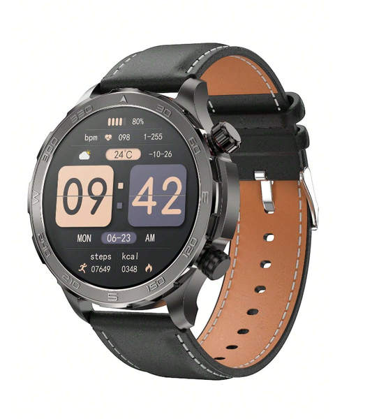 Health Tracking Smart Watch With HD Screen And Leather Strap - Black