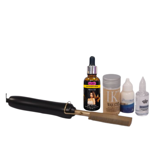 Wig Styling Combo with Hot comb, Bond Glue, Glue Remover, Wax &amp; Biotin Oil