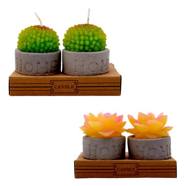 Set of 4 - Artificial Flower And Cactus Plant Candles In Grey Pot