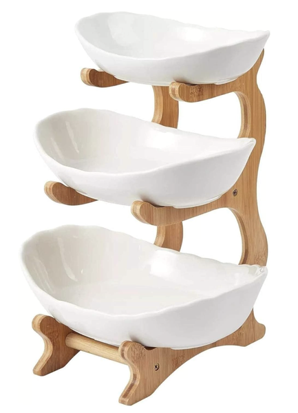 Bamboo Stand 3 Tier Plastic Fruit Bowl