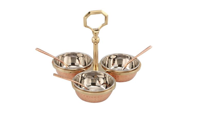 Hammered Steel Copper 3 Compartment Condiment Pickle/Chatani Set
