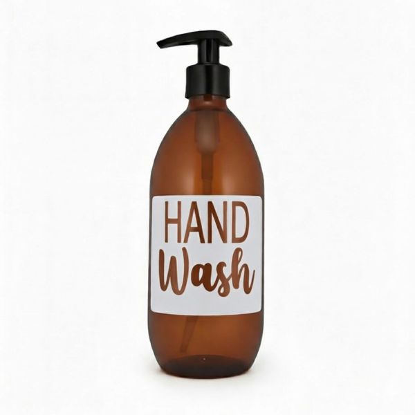Amber Glass Bottle 500ml Hand Wash Dispenser - Square Cutout Label