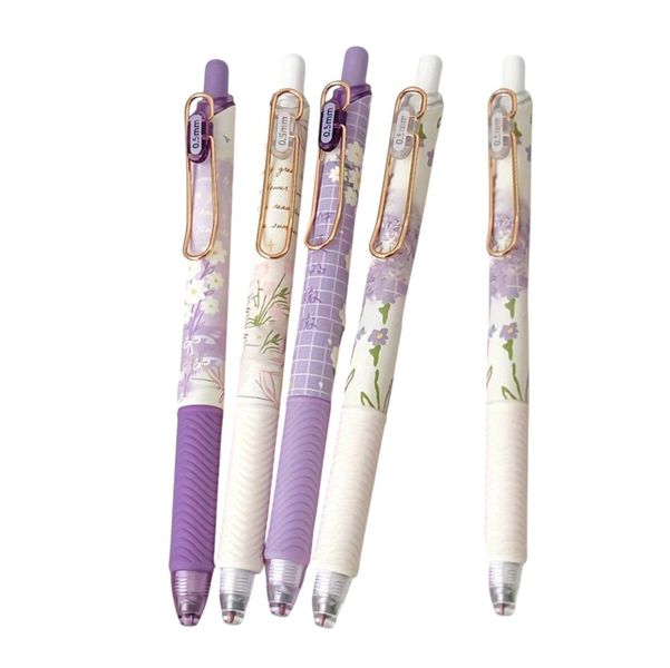 5-Piece Elegant Floral Design Gel Pen Set - Purple