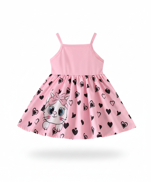 Cute Pink Girls Kitten And Hearts Sleeveless Summer Dress for Toddlers