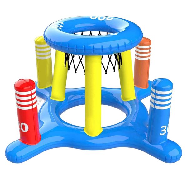 Inflatable Pool Ferrule Game Toys Set, Floating Basketball Hoop Ring Toys