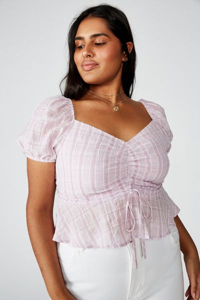 Women's Cotton On Curve Short Sleeve Top Clair Check -Lilac