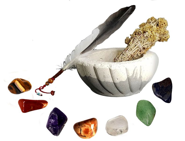 Smudge Bowl&amp;Smudge Wand -Heron Smoke Feather Fan&amp;7 Chakra stones- Grey
