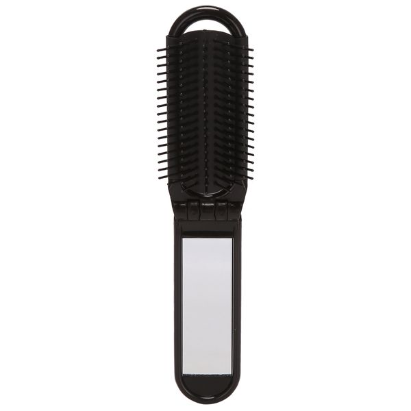 Travel Folding Hair Brush With Mirror Compact Pocket Size Comb-Black