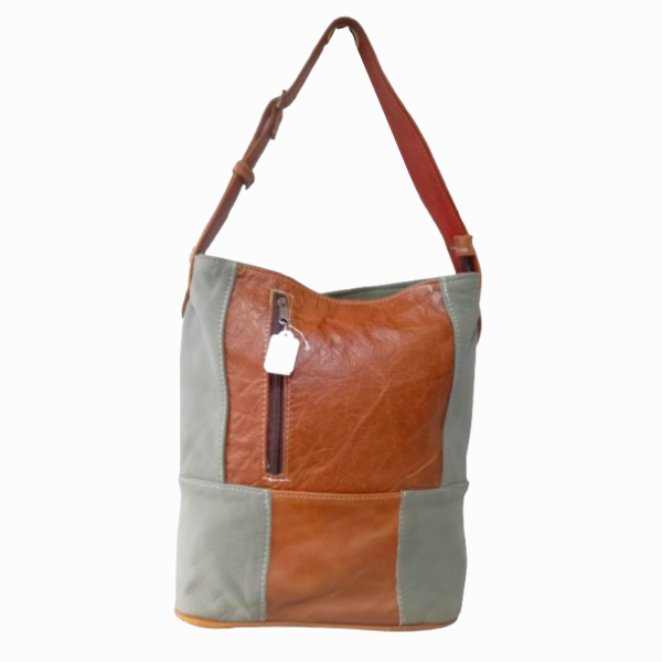 Hand-Stitched Cowhide Genuine Leather Shoulder Bag - Rustic Brown &amp; Grey