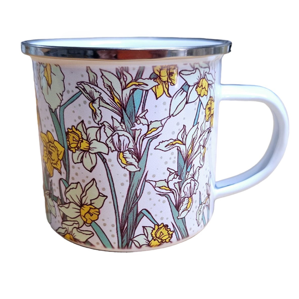 Beautiful Enamel Mug - White &amp; Yellow Tulips with Green Leaves