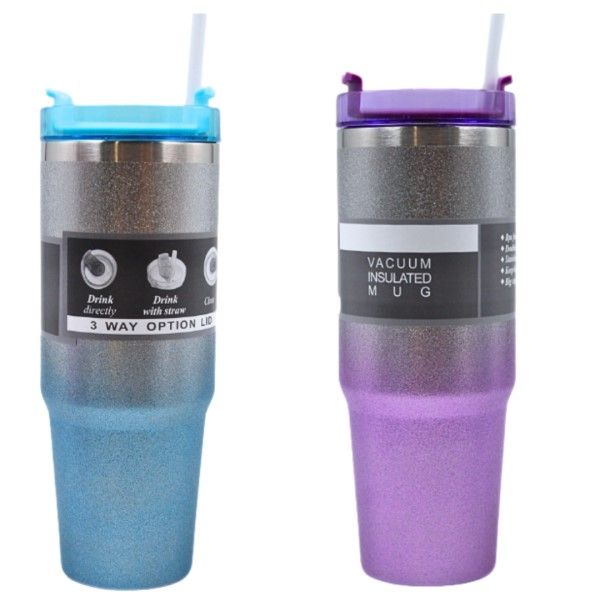 Purple and Blue Glitter Gradient Vacuum Mug With Straw Set