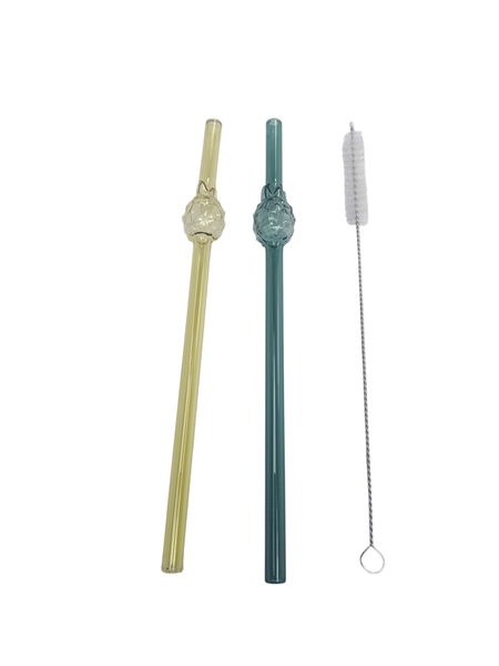 2-Pack Glass Straws with Cleaning Brush (Yellow and Green)