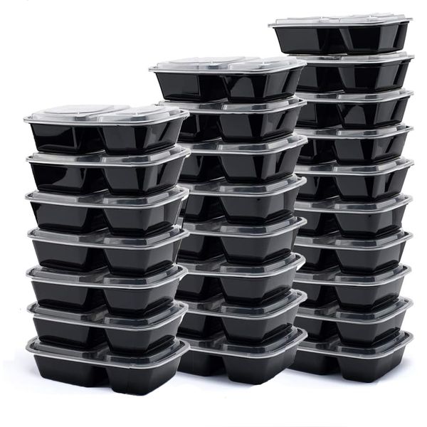 25 Pack 32 oz Meal Prep Containers Reusable, 2 Compartment with Lids Black