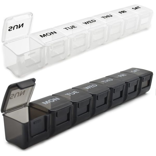 Set Of 2 Medicine Organizer Box, Portable, 7 Days, Pillboxes, Black/White