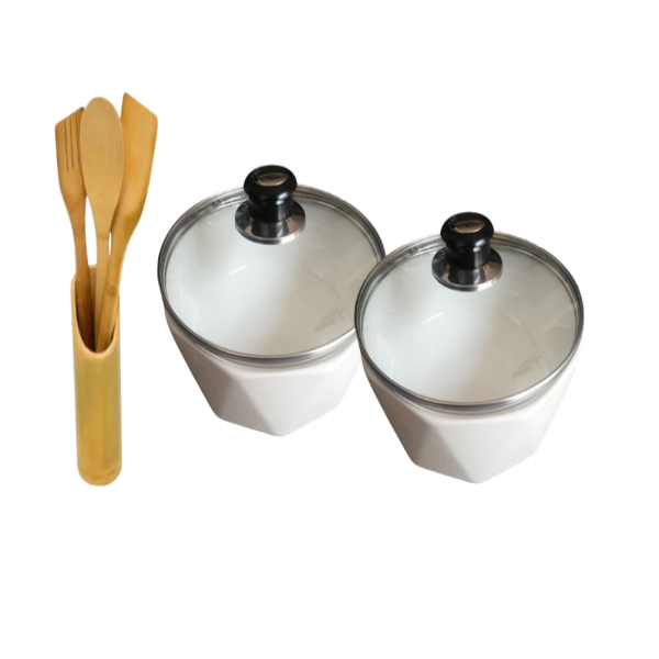 Ceramic Serving Bowl with Lid and Wood Spoon Set