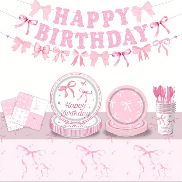 133 Pcs Bow Birthday Decorations with Plates &amp; Napkins for Party-Blue /Pink