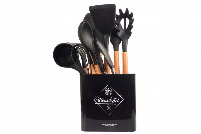 12 Piece Kitchen Utensil Set, Wood handles and Silicone.
