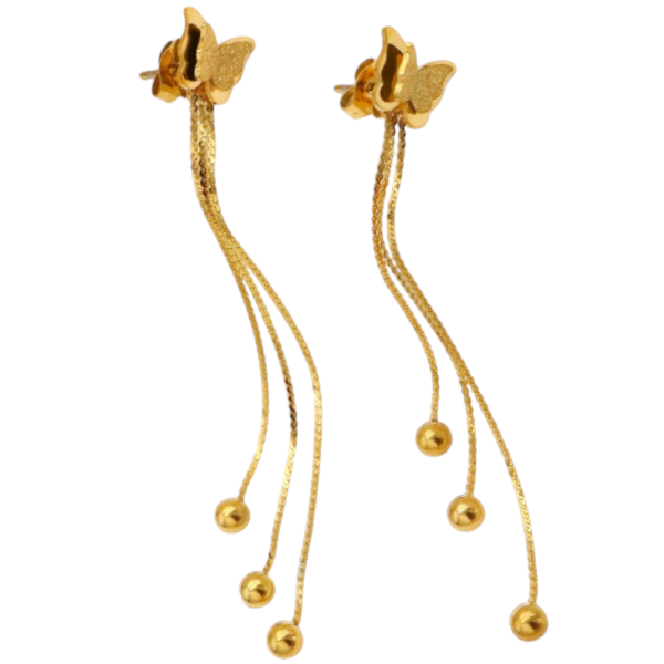 Elegant Butterfly Dangle Earrings with Triple Chain and Bead Accents - Gold