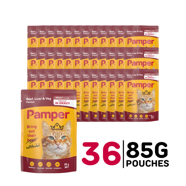 Pamper - Adult Beef &amp; Liver And Veg - 36 x 85g