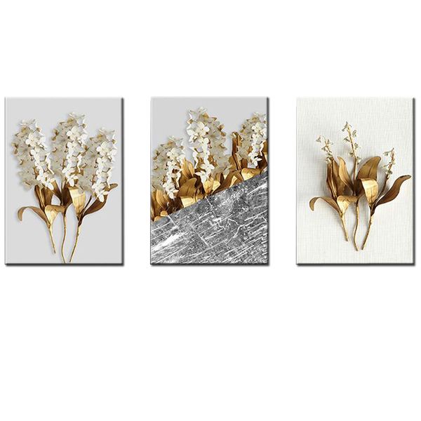 Canvas-Art-3 Pieces White &amp; Golden Leaves Flower Abstract Wall Art