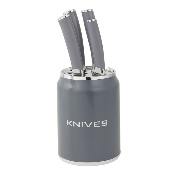 Modern Knife Set with Grey Cylindrical Block