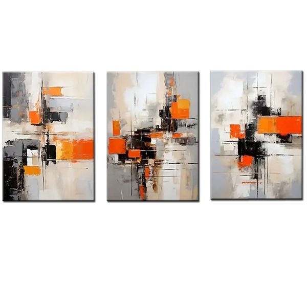 Canvas-Art-3 Pieces Grey &amp; Orange Cross Painting Print Abstract Wall Art