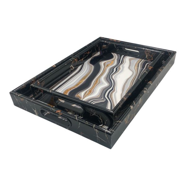 Tray Set 2 Piece Rectangular Marble Look Modern Design