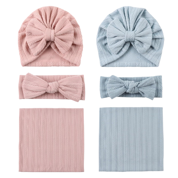 2 Kit Newborn Receiving Blanket Toddler Warm with Bow Hat and Bow Headband