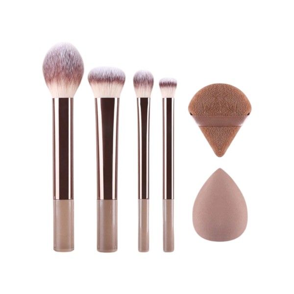 6-Piece Makeup Brush Set With Caramel Beauty Sponges - Coffee Brown