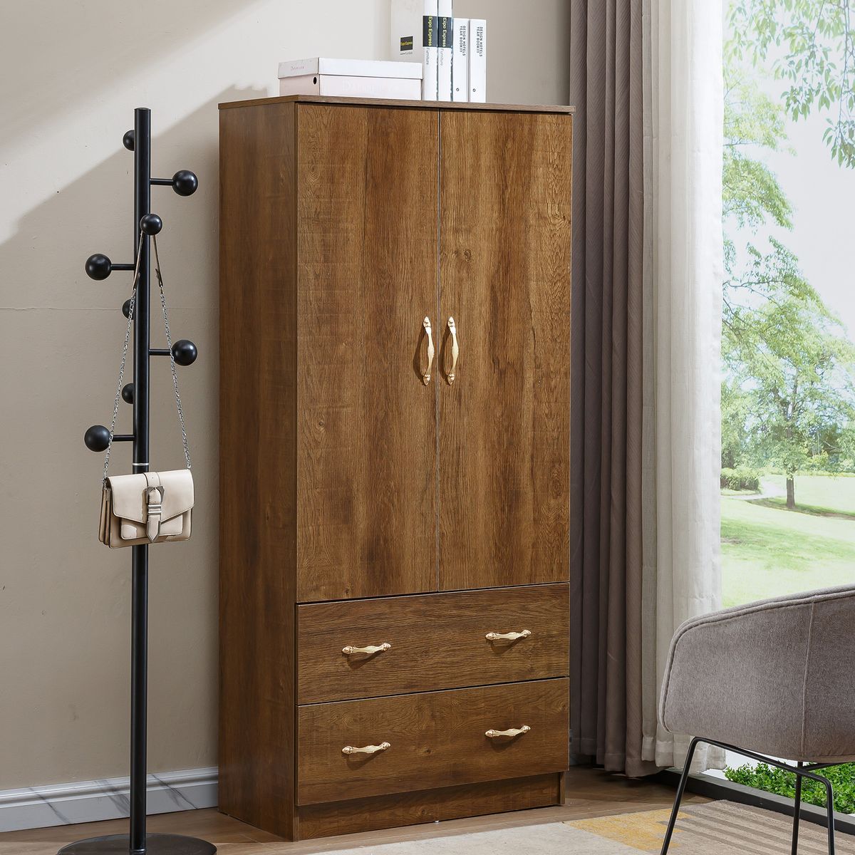 2 Door Wardrobe Closet Wooden Clothes Storage Cabinet with 4
