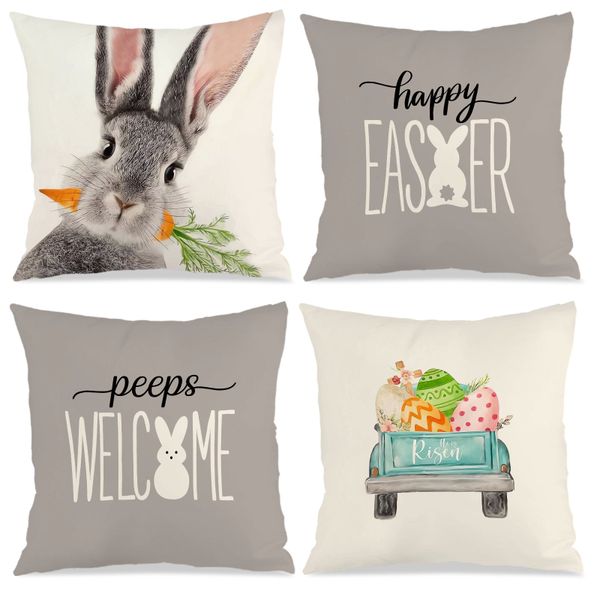 Set of 4 Rustic Easter Throw Cushion Covers, 45x45cm Polyester Pillow Case