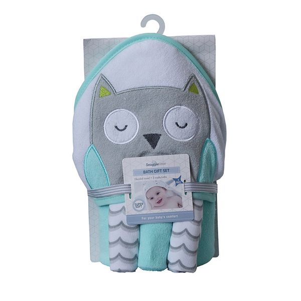 Snuggletime Hooded Towel with 3-Pack Facecloth Gift Set - Owl