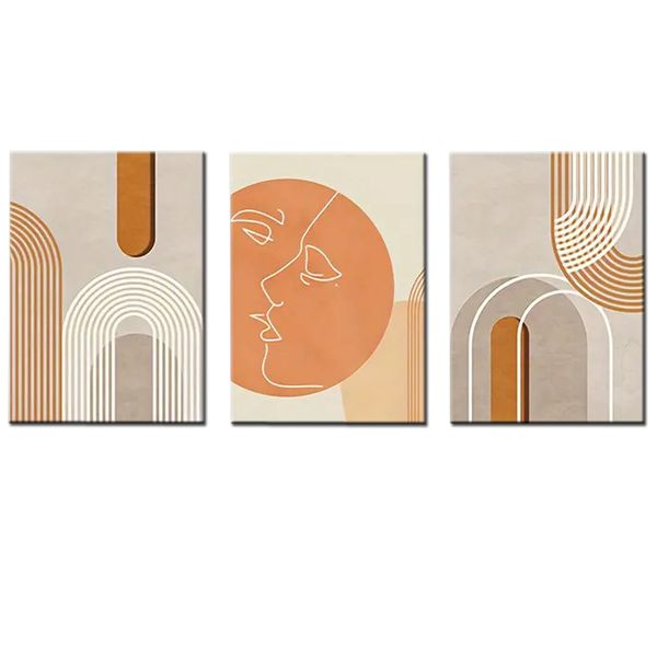 Canvas-Art-3 Pieces Baige Mid Centurt Boho Rainbow Lines Wall Art