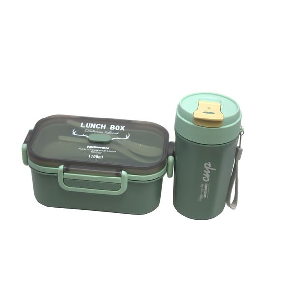 Rectangular 1100ml Lunch Container Double Layer and Travel Drink Cup 500ml