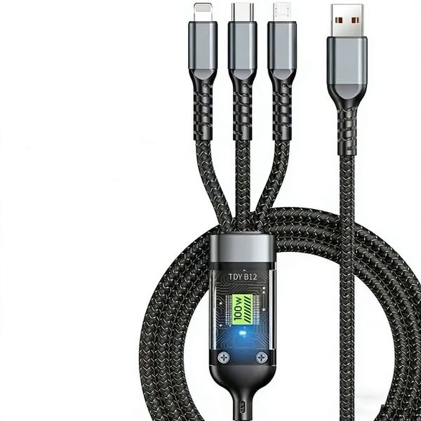3-in-1 100W Fast Charging Cable Nylon Braided with LED Display