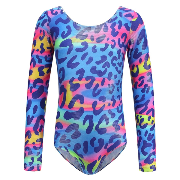 Leopard Print Long-Sleeve Leotard for Girls - Ages 2-13