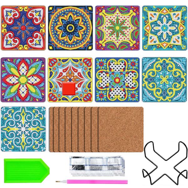 Diamond Painting DIY Kit Coasters Set of 9 Mandala Art Coasters With Holder
