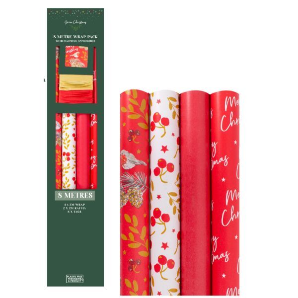 Christmas Gift Wrap Bulk Pack Red - 4 Rolls x 2m, Raffia &amp; Tags Included