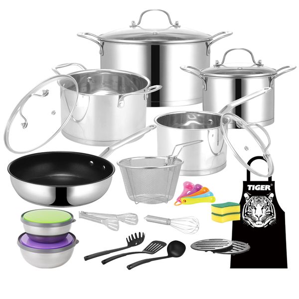 Tiger 29 Piece Stainless Steel with Tempered Glass Lid Cookware Set