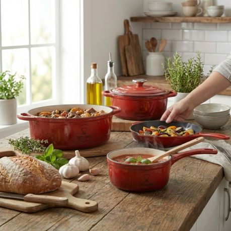 7 Piece Authentic Cast Iron Dutch Oven Cookware Pot Set - Red