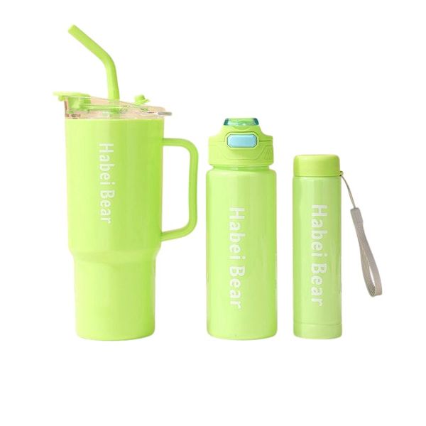 3-Piece Sports Water Bottle Set With One Straw - Green