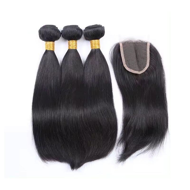 Straight Human Hair Bundles with Closure 3 Bundles with 12in Frontal ...