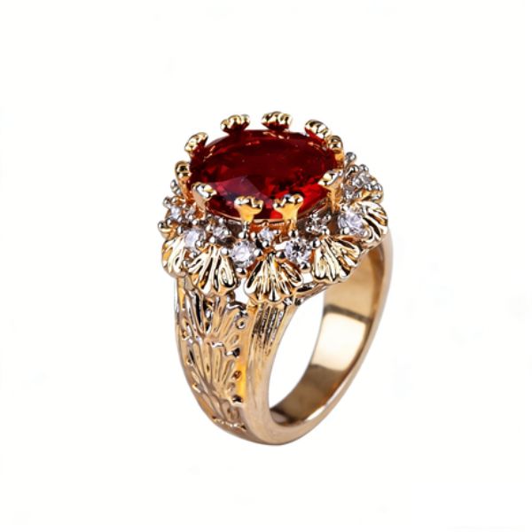 ZELTRYN Vintage Brushed Weave Engraved Gold Ruby Ring-One Size Fits All