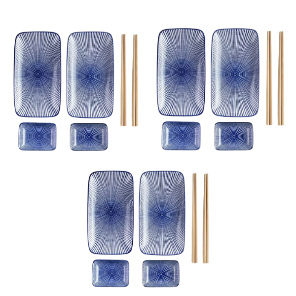 18-Piece Blue Sushi Plate Family Set with Wooden Chopsticks