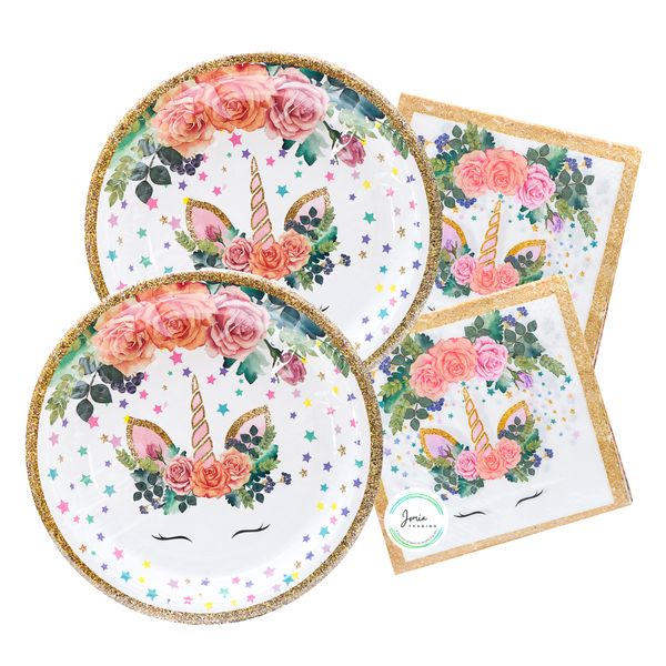 Unicorn Rose and Gold Plates and Serviette Combo - 20 Invites