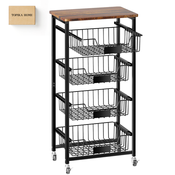 TopikaHome- 4-Tier Kitchen Fruit Basket Cart with Pull-Out Storage Bins