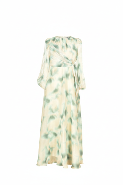 Modest Blue Tie-Dye Wrap Maxi Dress with Long Sleeves