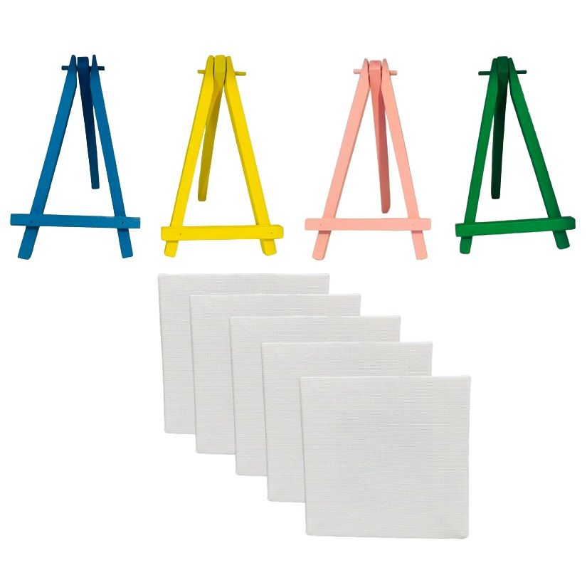 4 Mini Desk Colour Easels & 4 Canvases with Wooden Mount Combo Set