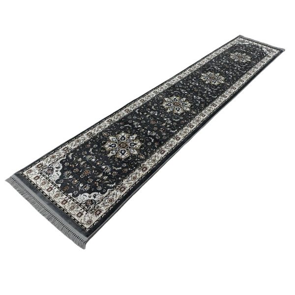 Glam &amp; Decor -Thick Pile Persian Kashan Style Grey Runner Rug - 400 x 80 cm