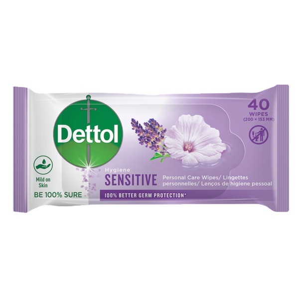 Dettol 40s, Personal Hygiene Care Wipes, Sensitive - Purple